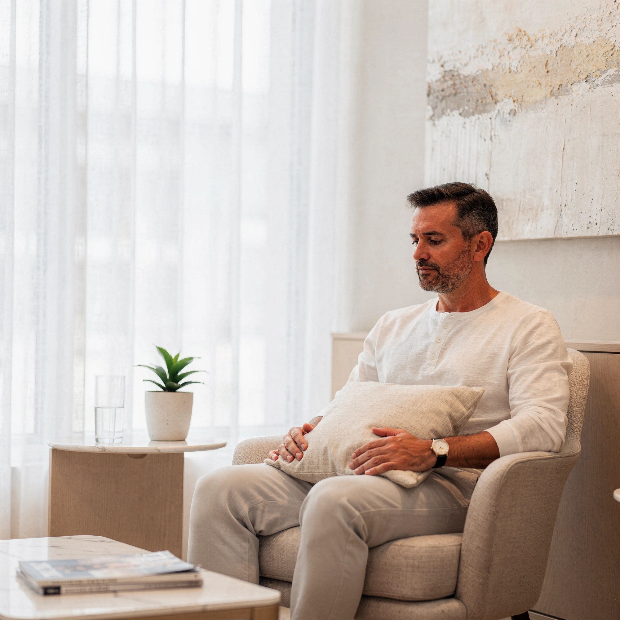 Man sitting in a comfortable chair holding a pillow, looking thoughtful in a bright, modern room